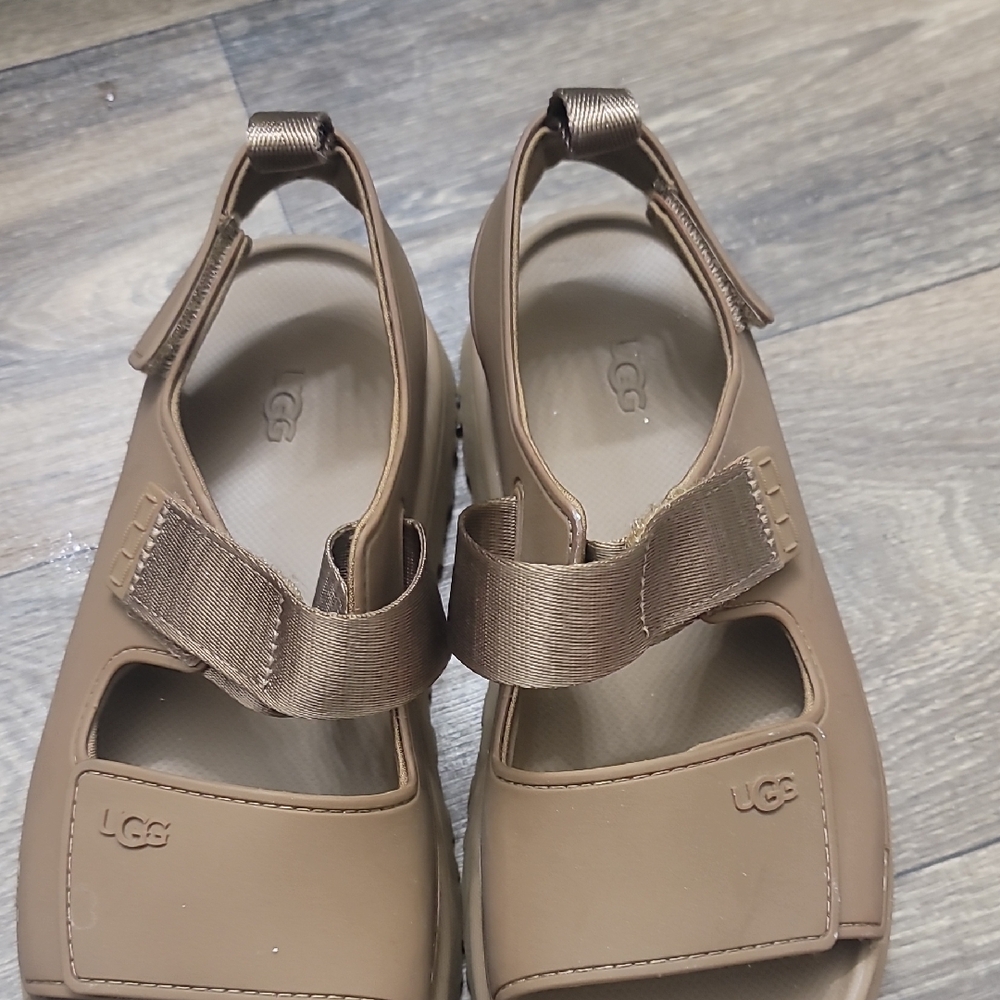 UGG Tan Sandals with Ankle Strap and Flat Sole